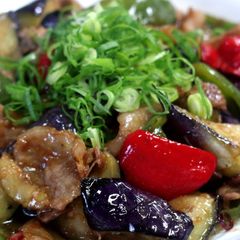 A picture of Miso Flavored Pork Belly, Eggplant, and Green Bell Pepper Stir-Fry.
