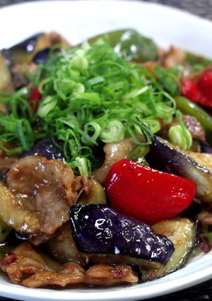 A picture of Miso Flavored Pork Belly, Eggplant, and Green Bell Pepper Stir-Fry.