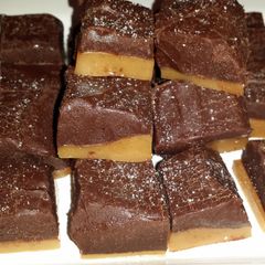 A picture of chewy salted layered chocolate caramels.