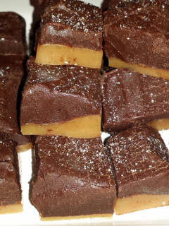 A picture of chewy salted layered chocolate caramels.