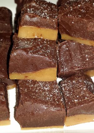 A picture of chewy salted layered chocolate caramels.