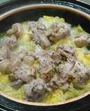 Steamed Chicken Thighs with Garlic and Black Pepper on Napa Cabbage