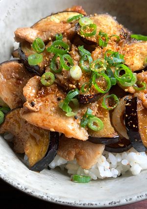 A picture of Ginger Pork & Eggplant Rice Bowl.