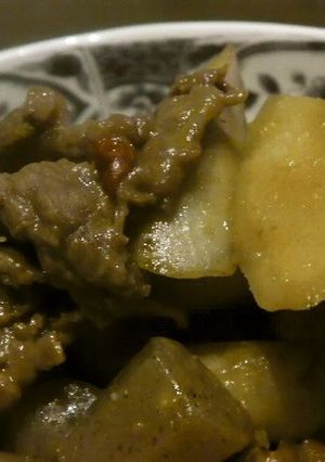A picture of Burdock Root, Konnyaku and Beef Simmered with Miso.