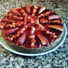 A picture of strawberry cheesecake.
