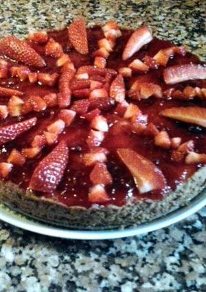 A picture of strawberry cheesecake.