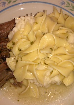 A picture of " Beef and Noodles - with Mashed Potatoes ".