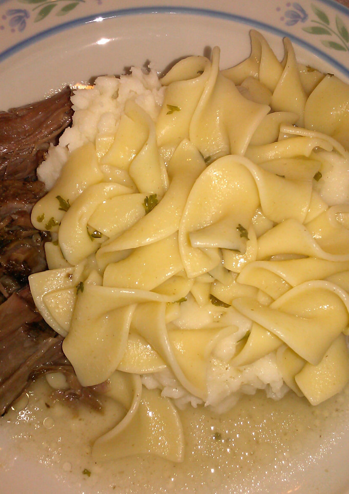 A picture of " Beef and Noodles - with Mashed Potatoes ".