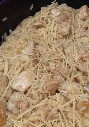 A picture of Chicken Scampi with garlic Parmesan rice.