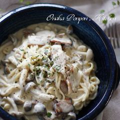 Soy Sauce Flavored Creamy Pasta with Mushroom and Bacon A picture of Soy Sauce Flavored Creamy Pasta with Mushroom and Bacon.