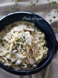 A picture of Soy Sauce Flavored Creamy Pasta with Mushroom and Bacon.