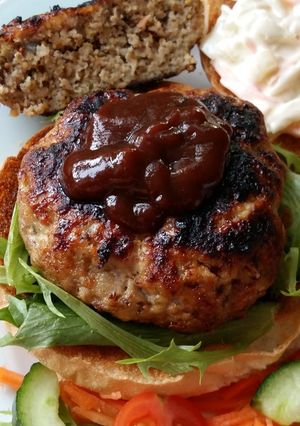 A picture of Vickys Pork, Apple & Mustard Burgers, GF DF EF SF NF.