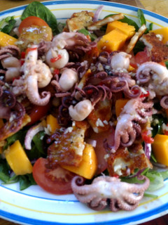 A picture of octopus and mango salad.