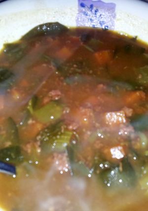 A picture of corned beef and cabbage soup..