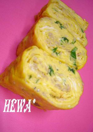 A picture of Tamagoyaki Omelete with Shirasu and Green Onion.