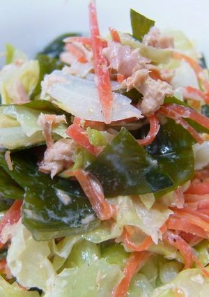 A picture of Cabbage, Tuna and Wakame Seaweed Salad With Mayonnaise-Ponzu Dressing.