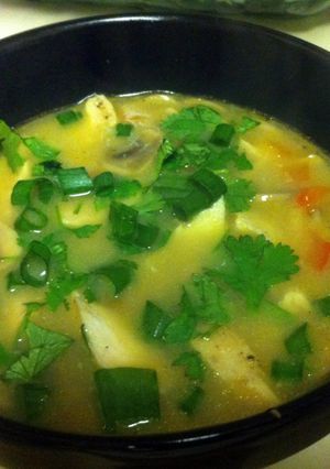 A picture of Tom Kha (Spicy Thai Coconut Chicken Soup).