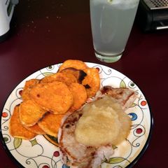 Pork Steak With Apple Sauce And Kumara Chips A picture of Pork Steak With Apple Sauce And Kumara Chips.