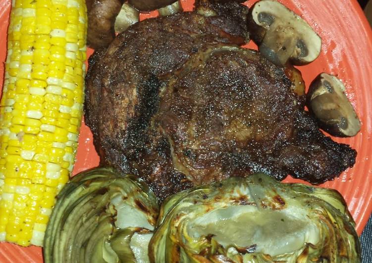 Simple Way to Make Speedy Ribeye steak w/corn, bbq mushrooms, bbq artichokes