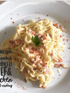 Foto resep Fettucini Carbonara Smooked Beef & Chicken (Tanpa Krim)