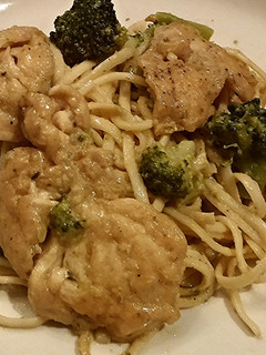 A picture of Chicken with broccoli and cheese linguini.