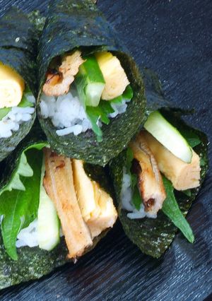 A picture of Fluffy Egg and Anago (Conger Eel) Hand-Rolled Sushi.