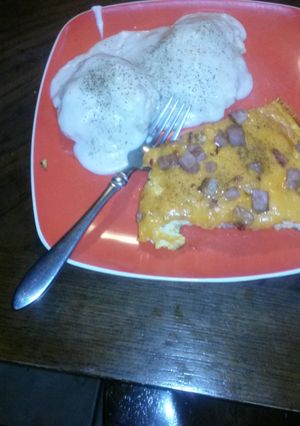 A picture of Oven baked ham n cheese omelets.