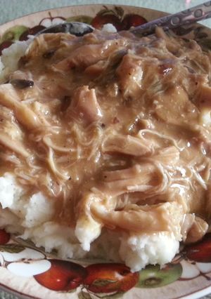 A picture of Chicken and gravy over mashed potatoes.