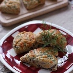 A picture of Cheddar, Dill, and Red Onion Scones.