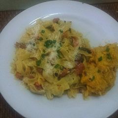 A picture of Creamy Fettuccine Pasta with Chorizo Sausage and Jerk Chicken.