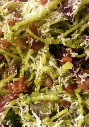 A picture of Linguine with Potatoes, Green Beans, and Spinach Pesto.
