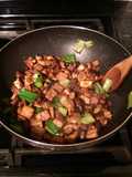 Fried Tofu with Pork Belly, Mushrooms and Leeks