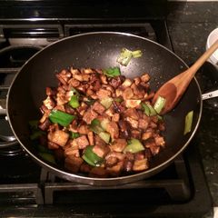 Fried Tofu with Pork Belly, Mushrooms and Leeks A picture of Fried Tofu with Pork Belly, Mushrooms and Leeks.