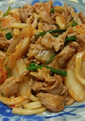 A picture of Stir-Fried Udon with Pork (or Beef) and Kimchi.