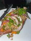 Sweet Potato stuffed with spiced beef, tahini and parsley salad