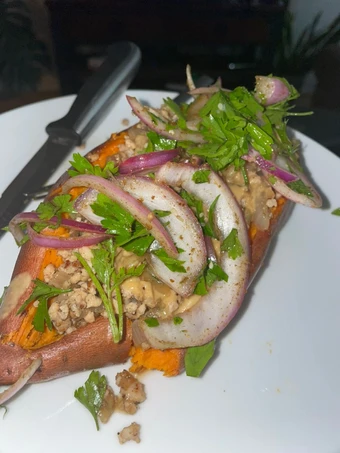 Recipe Sweet Potato stuffed with spiced beef, tahini and parsley salad the Perfect Really delicious