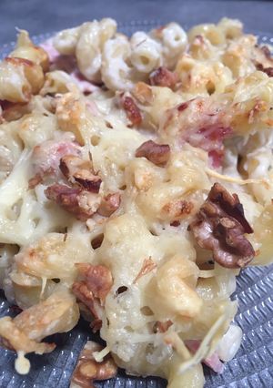 Une photo de Gratin de pâtes au roquefort et noix