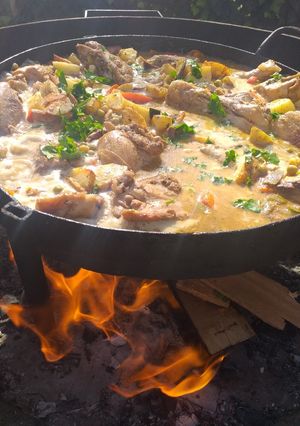 Una foto de Pollo al disco con verduras