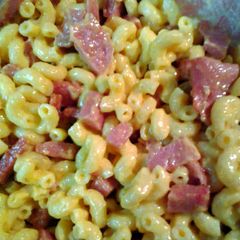 A picture of spam and mac and cheese.
