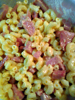 A picture of spam and mac and cheese.