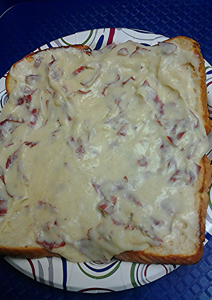 A picture of S.O.S., creamed chipped beef on toast.