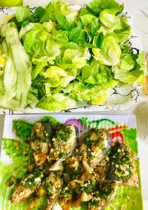 Hình của món Cá nướng mỡ hành cuốn bánh tráng :).