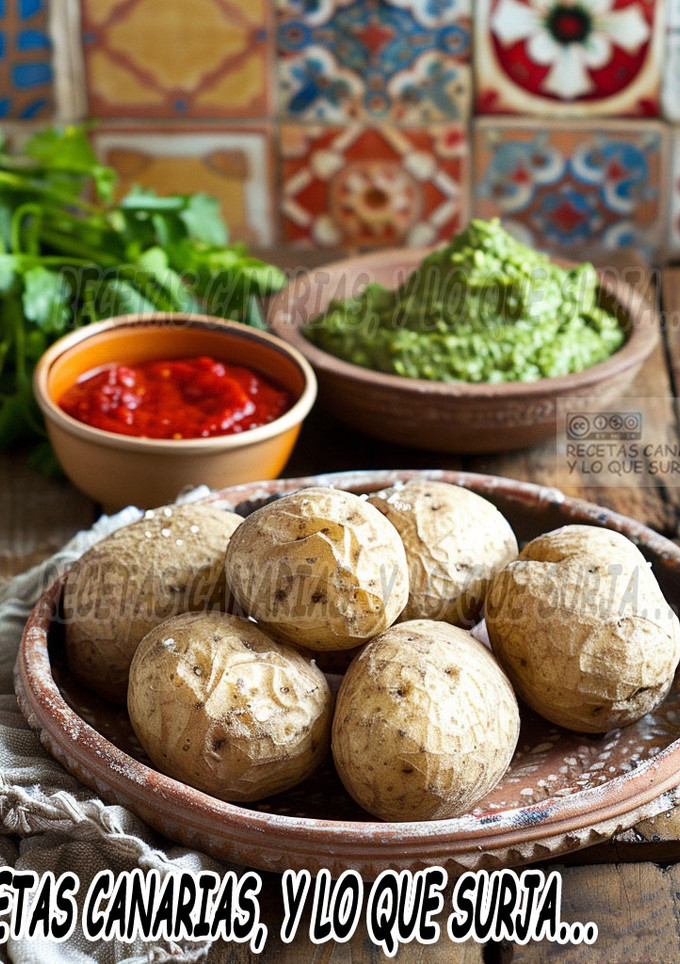 Una foto de Papas arrugadas con mojo picón rojo y mojo verde