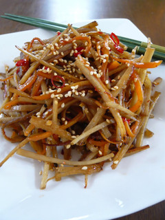 A picture of Tasty Burdock Root and Carrot Kinpira.