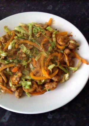 A picture of Stir Fried Cabbage and Pork Sausage.