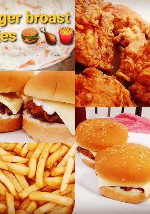 A picture of Burgers with broast and fries.