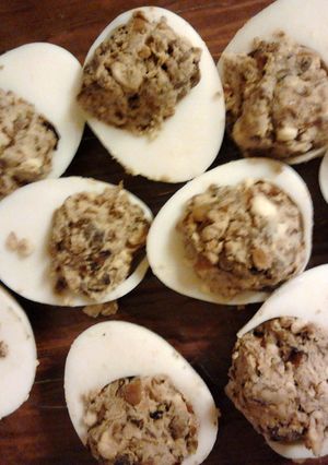 A picture of Mushroom stuffed eggs.