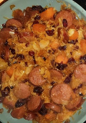 A picture of Sausage and Sweet Potato stir fry.