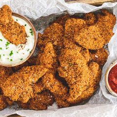 A picture of Oven-Baked Chicken Dippers with a Creamy Chive Dip.