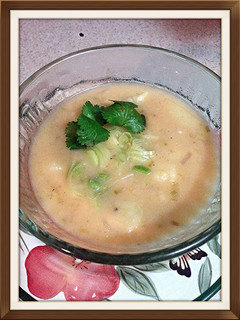 A picture of leek & baked potato soup.